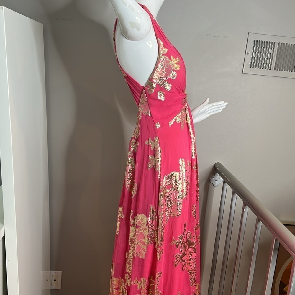 Xscape Sz 10 Pink Silk Gold Lurex Full Length Sleevles Gown Maxi Dress - Picture 5 of 14